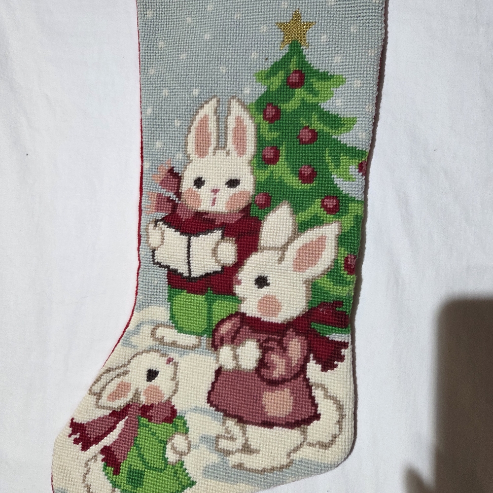 Festive Handcrafted Needle Point Bunny Christmas Stocking